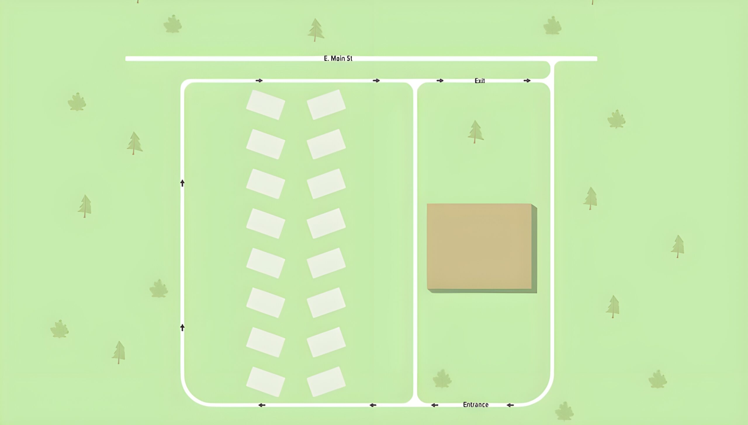 A simple map showing a rectangular area with several small white rectangles clustered diagonally on the left side, a large brown square on the right, and paths leading to labeled entrances and exits on a green background with tree icons.